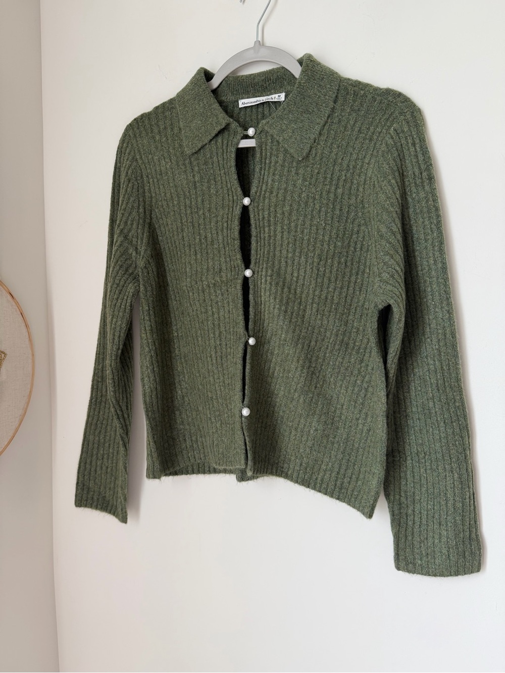 Abercrombie & Fitch Olive Green Ribbed Pearl-Button wool Cardigan